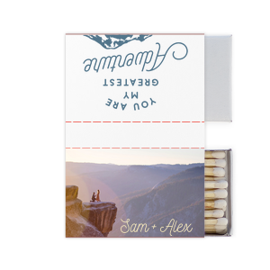 Custom White Classic Custom Photo Matchbox with Matte Ivory Ink Digital Print Colors and Matte Stone Blue Ink Digital Print Colors has a Greatest Adventure graphic and is good for use in Wedding, Travel, Words themed parties and will look fabulous with your unique touch. Your guests will agree!