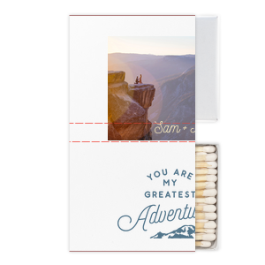 Custom White Classic Custom Photo Matchbox with Matte Ivory Ink Digital Print Colors and Matte Stone Blue Ink Digital Print Colors has a Greatest Adventure graphic and is good for use in Wedding, Travel, Words themed parties and will look fabulous with your unique touch. Your guests will agree!