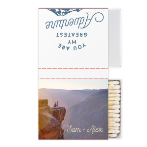 Custom White Classic Custom Photo Matchbox with Matte Ivory Ink Digital Print Colors and Matte Stone Blue Ink Digital Print Colors has a Greatest Adventure graphic and is good for use in Wedding, Travel, Words themed parties and will look fabulous with your unique touch. Your guests will agree!