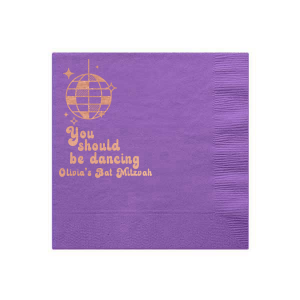 Step back into the ‘70s with the Groovy Dancing Bubble Script Bat Mitzvah/Birthday Napkin. This design features a groovy disco ball and twinkling stars, and its retro bubble font and the celebrant’s name and occasion below set the perfect mood for a dance-filled celebration.
