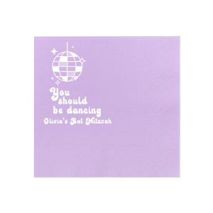 Step back into the ‘70s with the Groovy Dancing Bubble Script Bat Mitzvah/Birthday Napkin. This design features a groovy disco ball and twinkling stars, and its retro bubble font and the celebrant’s name and occasion below set the perfect mood for a dance-filled celebration.