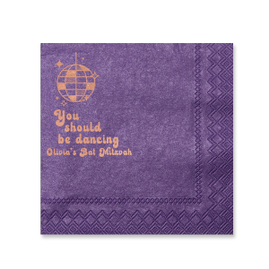 Step back into the ‘70s with the Groovy Dancing Bubble Script Bat Mitzvah/Birthday Napkin. This design features a groovy disco ball and twinkling stars, and its retro bubble font and the celebrant’s name and occasion below set the perfect mood for a dance-filled celebration.
