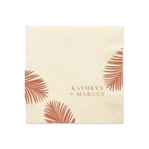 Embrace the warmth of your special day with our Elegant Palm Leaf Names Napkin, adorned with elegant palm fronds that frame space for personalization. This design adds a bespoke touch of natural charm and celebration to your napkin! Ideal for a couple’s retreat, beach wedding, or any romantic event. 
