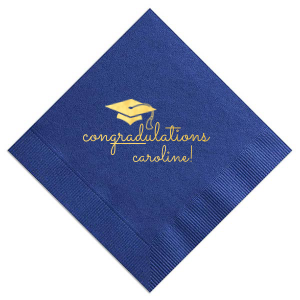 Celebrate academic achievements with the Graduation Cap Napkin, featuring a playful cap illustration and a clever 'Congradulations' pun, with 'grad' underlined. The graduate's name, in a whimsical lowercase script, adds a personal touch, making this napkin perfect for graduation parties and celebratory events.