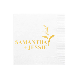 Celebrate growth and unity with the Bold Botanical Napkin. It features the couple's names in a strong, all-caps font, vertically aligned and connected by a plus sign. Beside the names stands a sprig design, with solid leaves at the base and unfilled ones above, symbolizing maturing and budding growth.