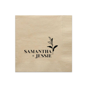 Celebrate growth and unity with the Bold Botanical Napkin. It features the couple's names in a strong, all-caps font, vertically aligned and connected by a plus sign. Beside the names stands a sprig design, with solid leaves at the base and unfilled ones above, symbolizing maturing and budding growth.
