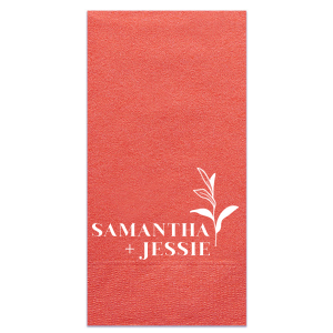 Celebrate growth and unity with the Bold Botanical Napkin. It features the couple's names in a strong, all-caps font, vertically aligned and connected by a plus sign. Beside the names stands a sprig design, with solid leaves at the base and unfilled ones above, symbolizing maturing and budding growth.