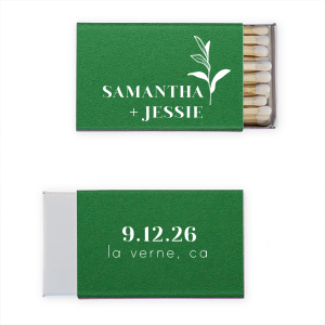 Introducing the Bold Bloom Matchbox, a symbol of growth and unity. The front features the couple’s names in all-caps bold font, accentuated by an elegant stalk reaching skyward. The back displays the date in bold, with the event location in refined, smaller block lettering. This design blends simplicity with bold sophistication, perfectly capturing the essence of a meaningful celebration.