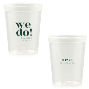 The Bold We Do Names Cup features bold serif lettering paired with a clean layout and understated secondary text with the couple’s names, special date, and location for a modern wedding look. Choose it to serve drinks with a polished, joyful statement guests will love. Spot-on for wedding receptions and engagement parties.
