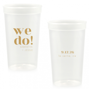 The Bold We Do Names Cup features bold serif lettering paired with a clean layout and understated secondary text with the couple’s names, special date, and location for a modern wedding look. Choose it to serve drinks with a polished, joyful statement guests will love. Spot-on for wedding receptions and engagement parties.