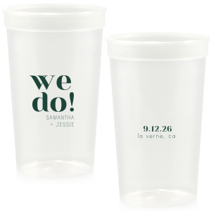 The Bold We Do Names Cup features bold serif lettering paired with a clean layout and understated secondary text with the couple’s names, special date, and location for a modern wedding look. Choose it to serve drinks with a polished, joyful statement guests will love. Spot-on for wedding receptions and engagement parties.