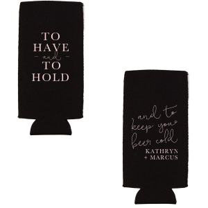 Our personalized Slate Gray Flat Can Cooler with Matte Blush Ink will look fabulous with your unique touch. Your guests will agree!