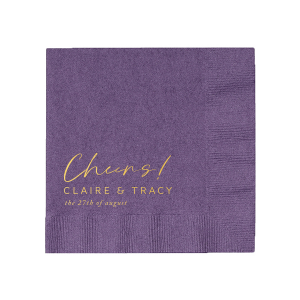 This Script Cheers Names & Date Wedding Napkin features rich purple paper, elegant gold calligraphy, the word “Cheers!”, the couples names, and the date in stylish lettering. Add a luxe, personalized accent guests will admire. Amazing for weddings or engagement celebrations.