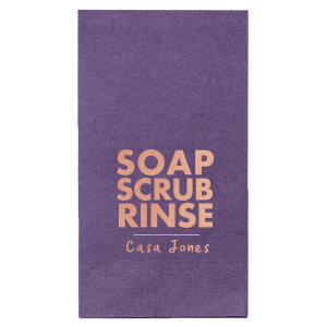 This Soap Scrub Rinse Guest Hand Towel features bold “Soap Scrub Rinse” lettering with a custom family name beneath for a clean, modern touch. Add it to your powder room to create a polished and welcoming space. A clean choice for housewarming parties or everyday hosting.