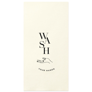 Promote hygiene with style using the Wash Your Hands Towel. It features "WASH" in a bold, playful script that visually cascades like water and soap onto a delicately illustrated upturned hand. Below, "your hands" in small bold letters serves as a gentle, artistic reminder for hand hygiene, perfect for homes or event facilities.
