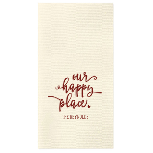 Our custom Ivory Guest Hand Towel with Matte Merlot Foil has a Our Happy Place graphic and is good for use in Words, Home, Wedding themed parties and will give your party the personalized touch every host desires.
