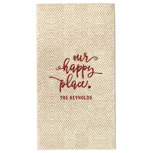 Our custom Ivory Guest Hand Towel with Matte Merlot Foil has a Our Happy Place graphic and is good for use in Words, Home, Wedding themed parties and will give your party the personalized touch every host desires.