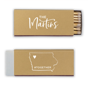 Our personalized Natural Khaki Classic Matchbox with Matte White Foil has a Iowa graphic and is good for use in States themed parties and are a must-have for your next event—whatever the celebration!