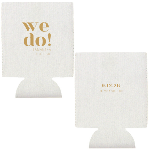 The Bold We Do Names Can Cooler features striking “We do!” lettering on the front with custom names and event details on the back. Add it to your celebration to keep drinks chilled while showcasing your love story. Just right for wedding receptions or engagement parties.