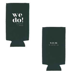 The Bold We Do Names Can Cooler features striking “We do!” lettering on the front with custom names and event details on the back. Add it to your celebration to keep drinks chilled while showcasing your love story. Just right for wedding receptions or engagement parties.