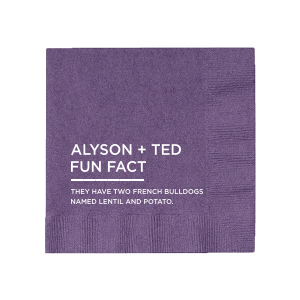 Get guests talking with the Fun Fact Conversation Starter Napkin featuring the couple's name in modern block letters followed by intriguing trivia. This crisp design invites discovery and dialogue, adding a dynamic twist to your event's atmosphere.