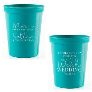 The Stolen From Cup features flowing script typography paired with a tongue-in-cheek message, “He stole her heart, she stole his name, and I stole this cup,” for a memorable drinkware detail. Use it to keep the celebration lighthearted while giving guests a fun takeaway. Well-suited for wedding receptions and after-parties.
