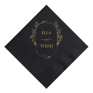 Embrace vintage elegance with the Vintage Elegance Floral Frame Names Napkin, featuring a design reminiscent of an antique handheld mirror. Encircled by a frame of intertwining flowers and leaves, it beautifully magnifies the couple's names in bold all caps. This design adds a touch of historical charm and romantic flair, perfect for enhancing any event with its timeless sophistication.