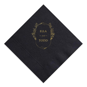 Embrace vintage elegance with the Vintage Elegance Floral Frame Names Napkin, featuring a design reminiscent of an antique handheld mirror. Encircled by a frame of intertwining flowers and leaves, it beautifully magnifies the couple's names in bold all caps. This design adds a touch of historical charm and romantic flair, perfect for enhancing any event with its timeless sophistication.