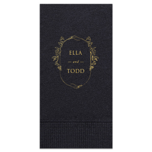 Embrace vintage elegance with the Vintage Elegance Floral Frame Names Napkin, featuring a design reminiscent of an antique handheld mirror. Encircled by a frame of intertwining flowers and leaves, it beautifully magnifies the couple's names in bold all caps. This design adds a touch of historical charm and romantic flair, perfect for enhancing any event with its timeless sophistication.