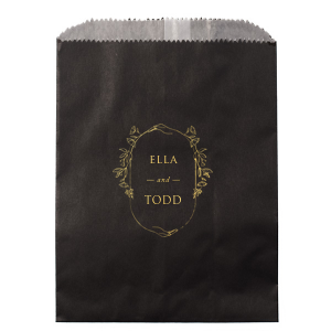 ForYourParty's personalized Black Party Bag with Shiny 18 Kt Gold Foil has a Floral Hand Frame graphic and is good for use in Floral, Frames, Organic themed parties and can be personalized to match your party's exact theme and tempo.