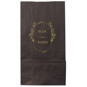 ForYourParty's personalized Black Party Bag with Shiny 18 Kt Gold Foil has a Floral Hand Frame graphic and is good for use in Floral, Frames, Organic themed parties and can be personalized to match your party's exact theme and tempo.