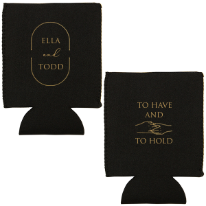 Our custom Black Flat Can Cooler with Gold Ink has an Oval Frame graphic and a Holding Hands graphic and is good for use in Trendy, Wedding themed parties and are a must-have for your next event—whatever the celebration!