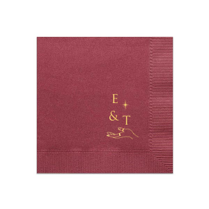 Our beautiful custom Merlot Cocktail Napkin with Shiny 18 Kt Gold Foil has a Elegant Hand graphic and is good for use in Trendy themed parties and can be personalized to match your party's exact theme and tempo.