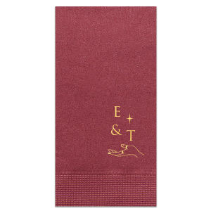 Our beautiful custom Merlot Cocktail Napkin with Shiny 18 Kt Gold Foil has a Elegant Hand graphic and is good for use in Trendy themed parties and can be personalized to match your party's exact theme and tempo.