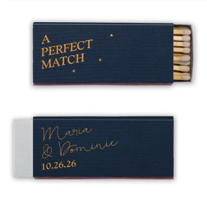 A Perfect Match Script Names Match features bold serif lettering, scattered star accents, and flowing script of the couple's names and special date on the reverse for a romantic contrast. Choose it to add a meaningful detail that celebrates connection. Excellent for weddings or engagement parties.
