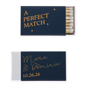 A Perfect Match Script Names Match features bold serif lettering, scattered star accents, and flowing script of the couple's names and special date on the reverse for a romantic contrast. Choose it to add a meaningful detail that celebrates connection. Excellent for weddings or engagement parties.