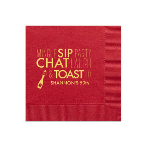 Celebrate every moment with the Mingle, Sip, Party, Toast To Napkin, a dynamic design where bold words leap off the fabric, complemented by an exuberant champagne bottle illustration. This napkin promises a whirlwind of laughter, conversation, and clinking glasses at any festive gathering.