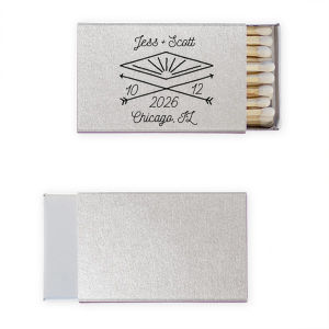 ForYourParty's elegant Shimmer Silver 30 Strike Matchbook with Matte Black Foil has a Diamond Arrow graphic and is good for use in Wedding themed parties and can be personalized to match your party's exact theme and tempo.