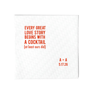 The Cocktail Love Story Napkin features striking typography, a customizable name and date, and a playful message reading “every great love starts with a cocktail (at least ours did)”. Pick it up to add humor and personality to your bar or table setup. Perfect for engagement parties or a celebratory cocktail reception.