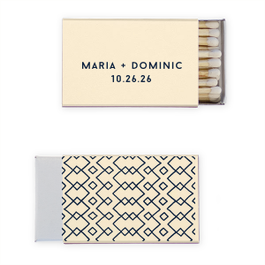 The ever-popular Natural Ivory Classic Matchbox with Matte Navy Foil has a Aztec Pattern graphic and is good for use in Accents, Full Bleed, Southwestern themed parties and can be customized to complement every last detail of your party.