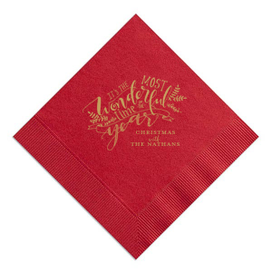 Celebrate the season's spirit with the The Most Wonderful Time Holiday Napkin, where a medley of fonts and boughs of foliage bring the beloved carol to life. The standout 'Wonderful' and space for your family name add a personal note to holiday revelry.