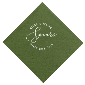 Showcase unity with the Fancy Script Name Frame Wedding Napkin, where the couple's new surname flourishes in script, encircled by their first names and event date. A symbol of togetherness, it's ideal for adding elegance to your wedding reception.