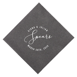 Showcase unity with the Fancy Script Name Frame Wedding Napkin, where the couple's new surname flourishes in script, encircled by their first names and event date. A symbol of togetherness, it's ideal for adding elegance to your wedding reception.
