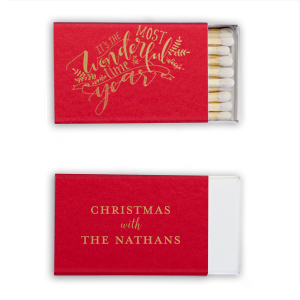 Light up your holiday gatherings with the The Most Wonderful Time Holiday Matchbox, featuring a chorus of festive fonts and evergreen boughs. 'Wonderful' takes center stage, with room to add your family name, sparking joy in every flicker.