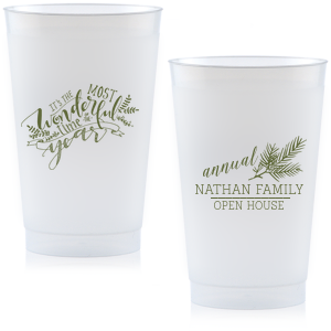 Raise a glass to yuletide tunes with the The Most Wonderful Time Holiday Cup, where the iconic lyrics twirl amid seasonal greenery. On the back, a pine bough awaits your festive verse, making each sip a jingle of joy.