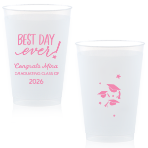 ForYourParty's elegant Matte Light Coral Ink 16 oz Frost Flex Cup with Matte Light Coral Ink Cup Ink Colors has a Best Day Ever graphic and a Caps Thrown graphic and is good for use in Graduation themed parties and can be personalized to match your party's exact theme and tempo.