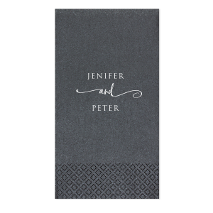 Embrace elegance with the Elegant Swirl Napkin design, where the couple's names elegantly unite through a lavish, swirling 'and'. This captivating design, with its formal and artistic font, adds a touch of sophistication to wedding celebrations, symbolizing a beautiful union in style.