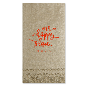 Our custom Ivory Guest Hand Towel with Matte Merlot Foil has a Our Happy Place graphic and is good for use in Words, Home, Wedding themed parties and will give your party the personalized touch every host desires.