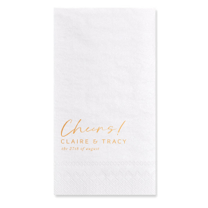 Raise a toast with the Script Cheers Names & Date Wedding Napkin, elegantly aligning a celebratory "Cheers!" with the couple's names and date. This design embodies the joy of the occasion, perfect for toasting to love and togetherness.
