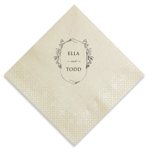 Embrace vintage elegance with the Vintage Elegance Floral Frame Names Napkin, featuring a design reminiscent of an antique handheld mirror. Encircled by a frame of intertwining flowers and leaves, it beautifully magnifies the couple's names in bold all caps. This design adds a touch of historical charm and romantic flair, perfect for enhancing any event with its timeless sophistication.